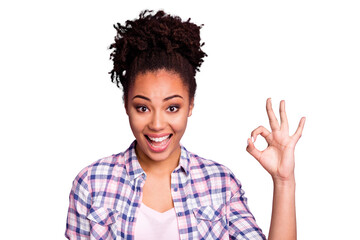 Close-up portrait of nice charming cute attractive lovely cheerful cheery optimistic wavy-haired girl in checked shirt showing ok-sign good mood ad advert isolated over violet purple pastel background