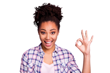 Close-up portrait of nice charming cute attractive lovely cheerful cheery optimistic wavy-haired girl in checked shirt showing ok-sign good mood ad advert isolated over violet purple pastel background