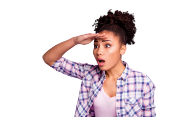 Close-up portrait of her she nice charming attractive lovely winsome shine worried wavy-haired girl in checked shirt looking far isolated over violet purple pastel background