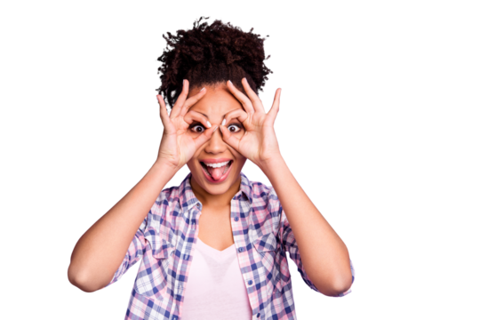 Close-up portrait of her she nice attractive lovely cheerful cheery optimistic wavy-haired girl in checked shirt showing ok-sign on eyes mood isolated over violet purple pastel background