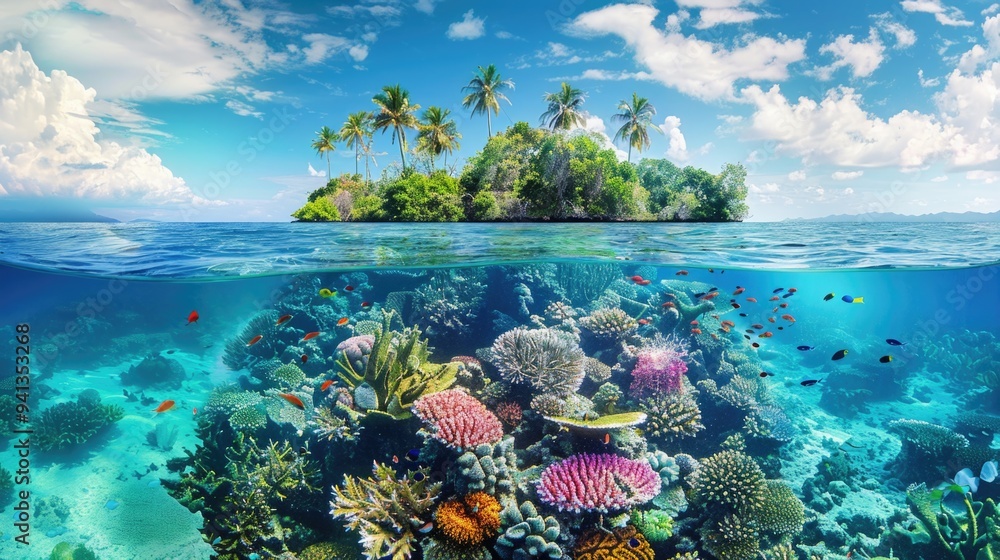 Poster a colorful coral reef with a small island in the background, perfect for use as a background or elem