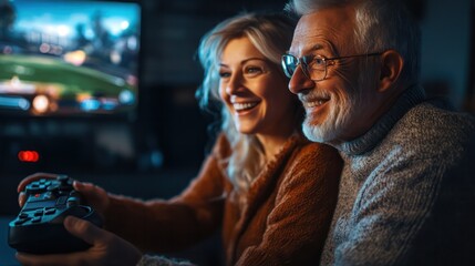 Obraz premium Mature man and woman in a friendly competition, both fully immersed in a sports video game on the big screen.