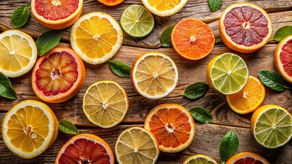 Vibrant overlapping citrus fruits slices arrangements on rustic wood textures blend warm golden tones with subtle shadows and crisp focus, evoking freshness and simplicity.