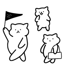 Tour Guide Cats with Flag | Cute Line Art Vector | Vacation Theme