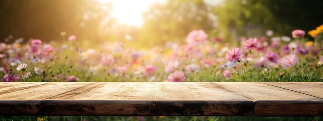 Wooden Tabletop Overlooking a Field of Pink Flowers
