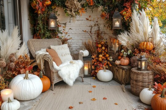 This enchanting fall front porch showcases warm hues with a display of pumpkins, soft textiles, and inviting lanterns, perfect for the season.