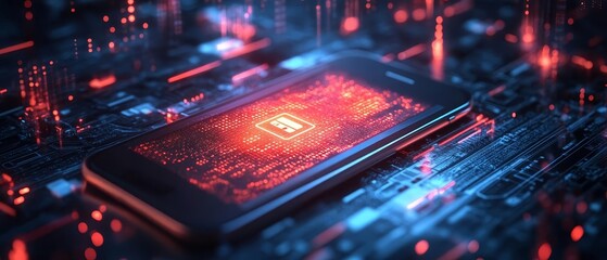 A smartphone receiving a secure SMS code, with biometric symbols and cybersecurity icons in the background