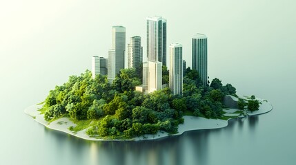 Fototapeta premium A futuristic city with tall skyscrapers and abundant greenery on a small island, showcasing an innovative blend of urban development and nature.