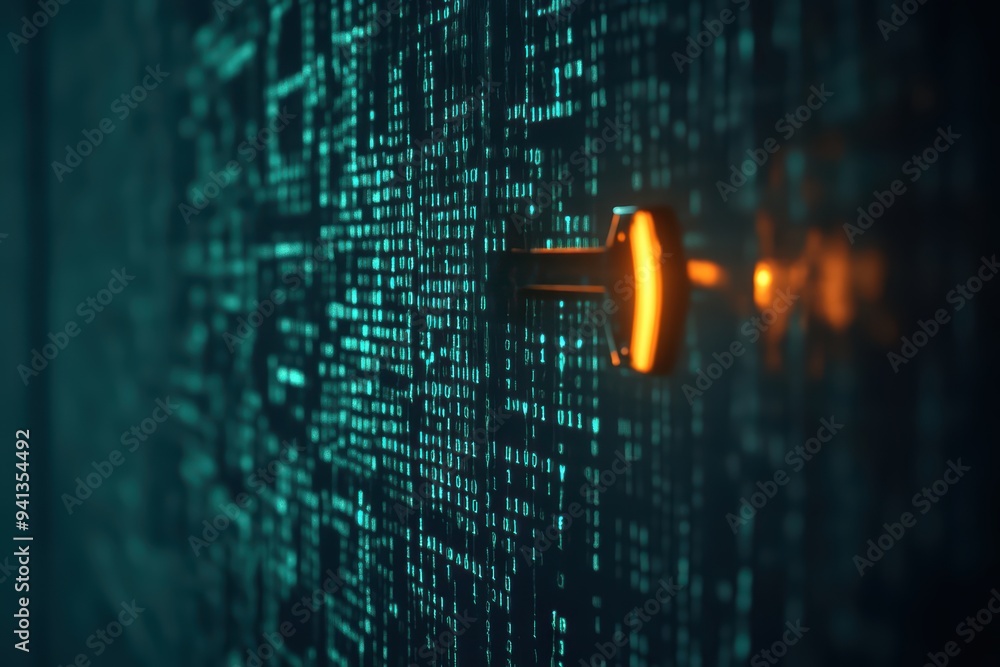 Poster a close-up view of a digital lock surrounded by glowing binary code, symbolizing cybersecurity and d