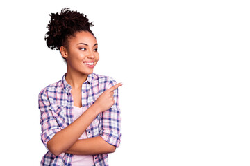 Portrait of nice charming cute sweet attractive lovely cheerful wavy-haired girl in checked shirt...