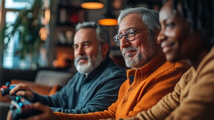 Middle-aged friends enjoying playing games casually The focus is on fun and relaxing video games for people of all ages.
