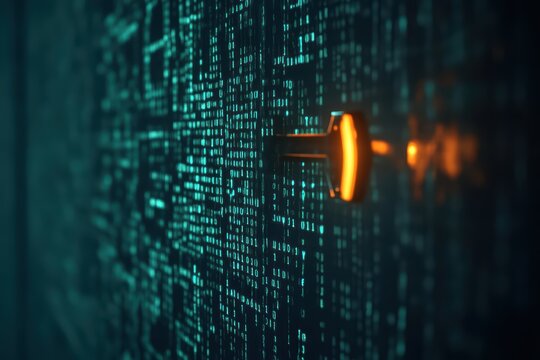 A close-up view of a digital lock surrounded by glowing binary code, symbolizing cybersecurity and data protection.