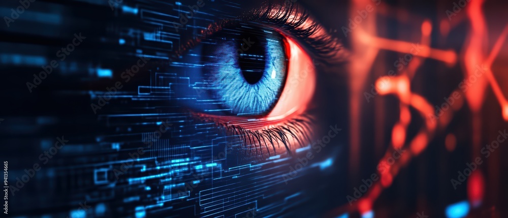 Poster a close-up view of an eye surrounded by digital patterns, symbolizing technology, vision, and data a