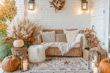 This inviting front porch embraces the essence of autumn with pumpkins, pampas grass, and a comfortable seating area, creating a warm atmosphere.