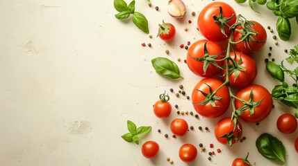 Fototapeta premium arrière plan intégration produits, tomates, basilic, espace libre sur fond blanc, mockup, ia générative