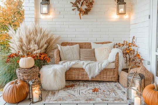 This inviting front porch embraces the essence of autumn with pumpkins, pampas grass, and a comfortable seating area, creating a warm atmosphere.