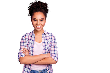 Portrait of her she nice-looking charming cute winsome attractive lovely cheerful cheery wavy-haired girl wearing checked shirt isolated over violet purple pastel background