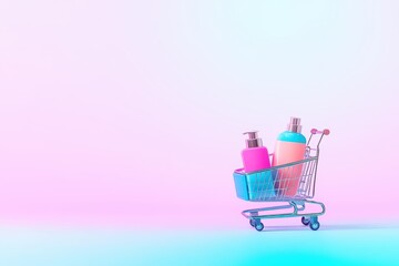 A colorful shopping cart filled with cosmetic bottles against a soft gradient background, ideal for beauty and retail themes.