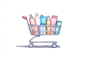 A colorful shopping cart filled with various personal care products, ideal for retail and beauty illustrations.