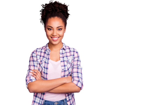 Portrait of her she nice-looking charming cute winsome attractive lovely cheerful cheery wavy-haired girl wearing checked shirt isolated over violet purple pastel background