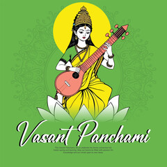 Happy vasant panchami with goddess saraswati social media post banner template
