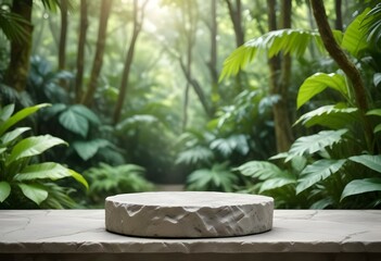 Stone tabletop podium floor in outdoors tropical garden forest blurred green leaf plant nature background.Natural product placement pedestal stand display,jungle paradise concept.