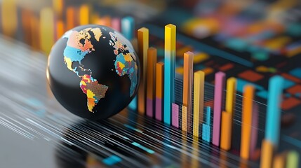 A 3D globe beside colorful bar graphs representing global market trends, economic data, and financial statistics in a digital format.