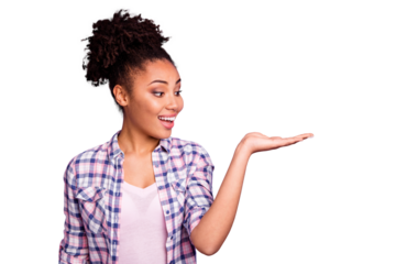 Portrait trendy stylish student youth impressed astonished say wow omg unbelievable unexpected advise decide choose ads recommend feedback pick wear plaid shirt top-knot isolated purple background