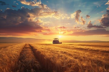 Fototapeta premium A tractor drives through a golden wheat field during sunset