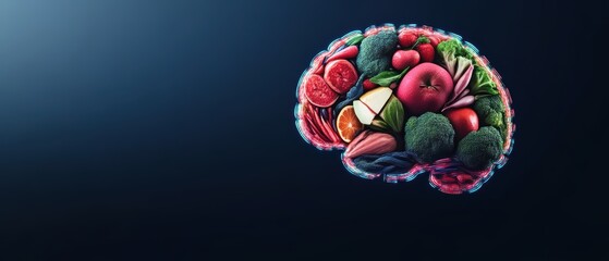 Fototapeta premium A creatively designed brain composed of various colorful fruits and vegetables, symbolizing health and nutrition.