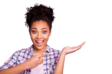 Portrait beautiful stylish hipster impressed shocked astonished sales discount recommend advise choose decide sellect suggest advertise wear casual checked shirt top-knot isolated purple background