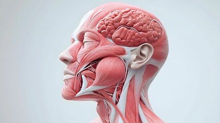 A 3D anatomical illustration showcasing the human head's muscles and brain structure, highlighting facial musculature and intricate neural details.