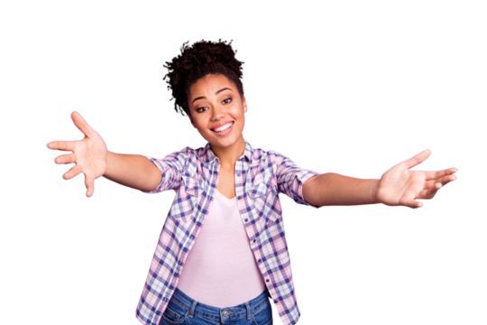 Portrait of funny cute charming friendly lady cuddle friend feel excited enjoy content glad want see him her dressed checked shirts isolated on purple background