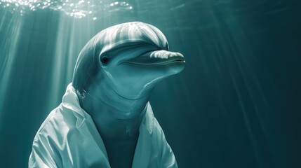 Obraz premium A dolphin wearing a shirt swims gracefully underwater, illuminated by beams of sunlight, showcasing marine beauty and charm.