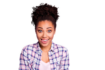 Close up photo of careless cute lovely teen teenager top-knot have free time holidays weekends...