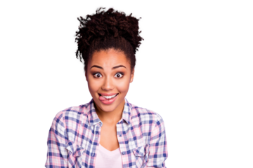 Close up photo of careless cute lovely teen teenager top-knot have free time holidays weekends foolish make faces enjoy rejoice dressed checked shirt isolated on purple background