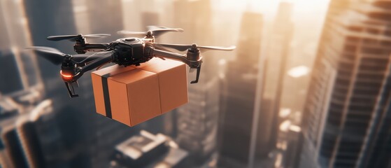 A drone delivering a package in a modern city skyline at sunset, symbolizing the future of technology and logistics.