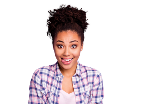 Close up photo of careless cute lovely teen teenager top-knot have free time holidays weekends foolish make faces enjoy rejoice dressed checked shirt isolated on purple background