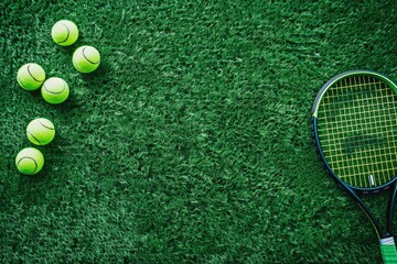 A tennis racket and balls lying on a green grassy surface