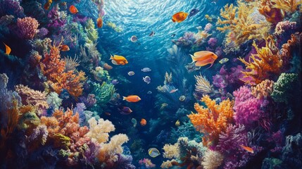 Fototapeta premium A detailed view of a vibrant coral reef teeming with various species of fish, captured from a top-down perspective showing the dynamic movement.