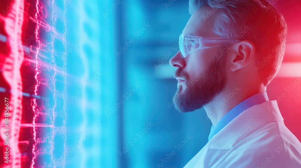 Poster a focused scientist analyzing data on a futuristic screen, highlighting the fusion of technology and