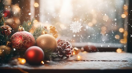A festive display of Christmas ornaments, pinecones, and snowy decor, creating a cozy winter atmosphere with warm lights.