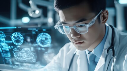 A focused doctor analyzes digital medical data, showcasing modern technology in healthcare.