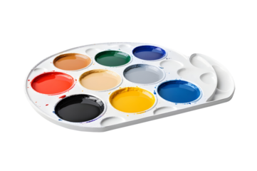 Colorful paint palette with vibrant hues, isolated on a transparent or white background.