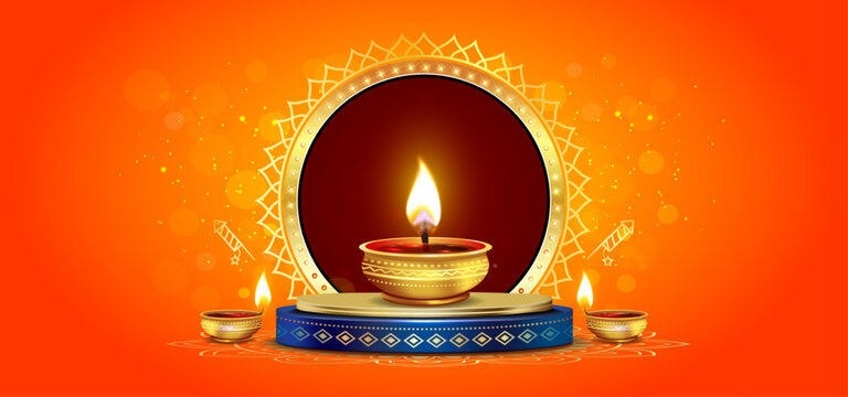 Vector Illustration of festive Diwali background. 3D podium, golden, Luxury vintage frame and sparkle promotional celebration background.