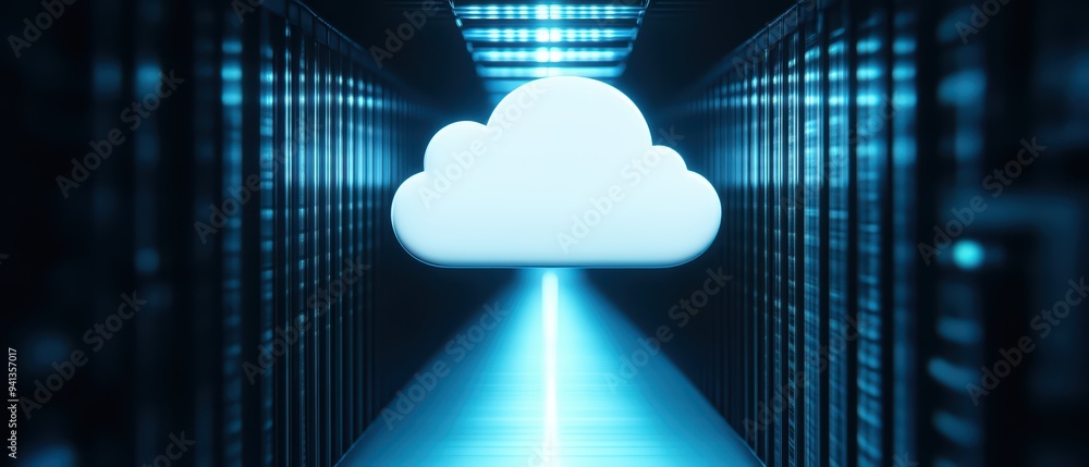 Poster a futuristic cloud symbol illuminated in a data center, representing modern cloud computing technolo