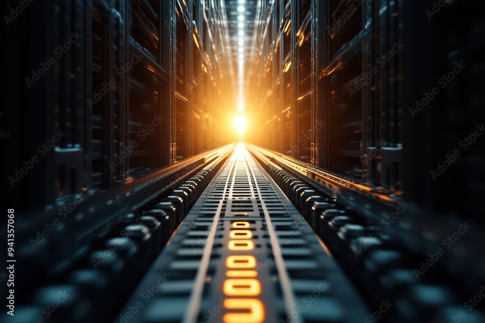 Poster a futuristic data center corridor illuminated by bright light, symbolizing technology and innovation
