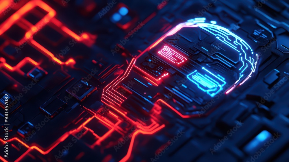 Poster a futuristic digital design showcasing a glowing robotic head on a dark circuit board, emphasizing a