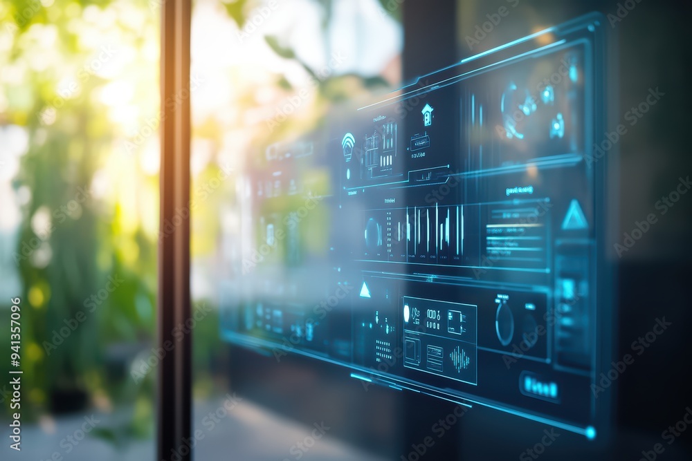 Poster a futuristic digital interface displayed on glass, showcasing data analysis and visualizations in a 