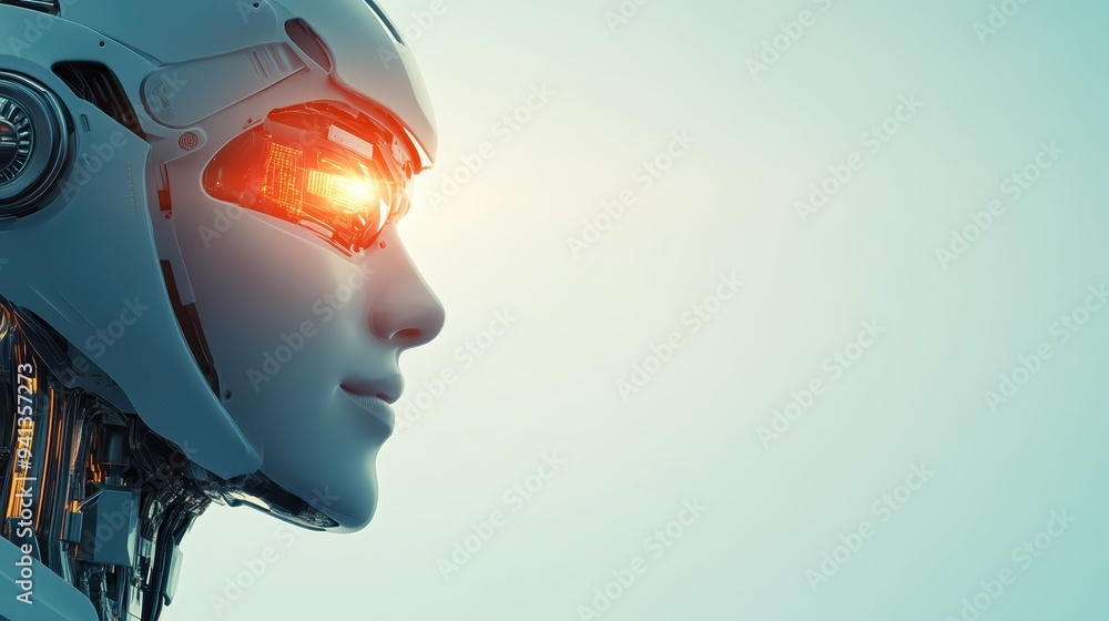 Poster a futuristic robot head with glowing features, representing advancements in artificial intelligence 
